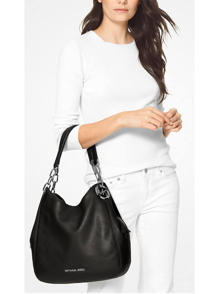 Michael Kors Lillie Chain Leather Hobo Black Silver